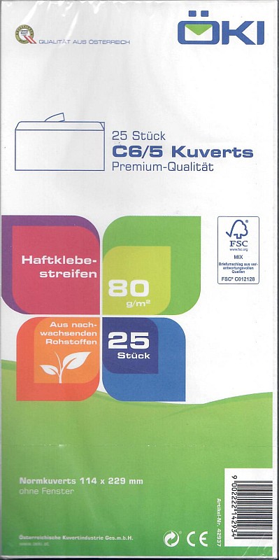 Kuvert C5/6 weiß, ohne Fenster, Haftklebestreifen (VPE=25STK)