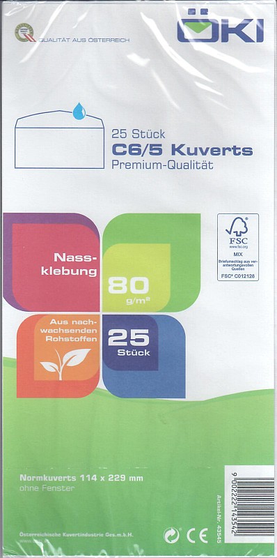 Kuvert C5/6 weiß, ohne Fenster, Nassklebung (VPE=25STK)