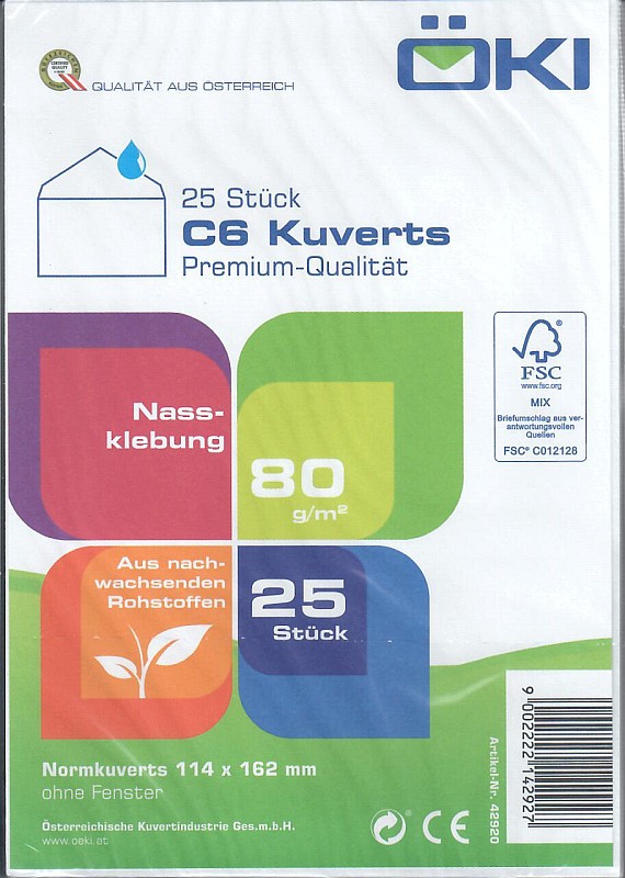 Kuvert C6 weiß, ohne Fenster, Nassklebung (VPE=25STK)