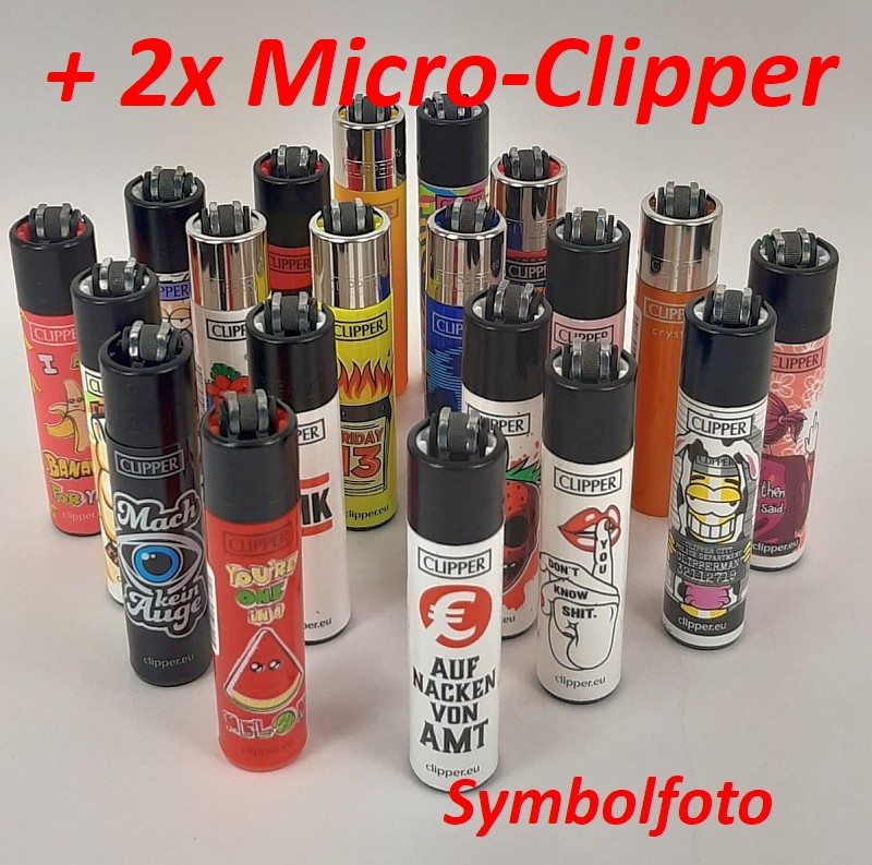 Clipper Feuerzeug Rund, 20er-Set, div. Motiv + 2 Micro-Clipper